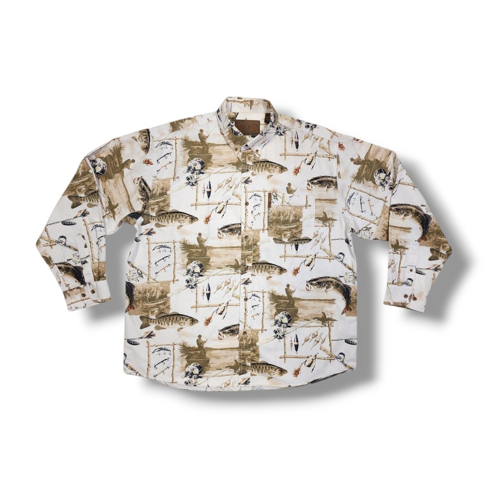 North River Outfitters Long Sleeve‎ Button Down Boat Bass Fishing Print Men's XL